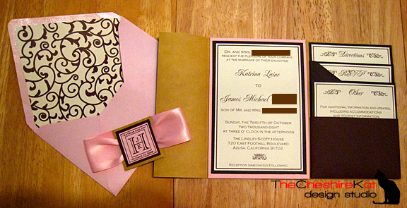 The inside of the pocketfolder, with three inserts and a double-matted invitation panel with a rhinestone accent.