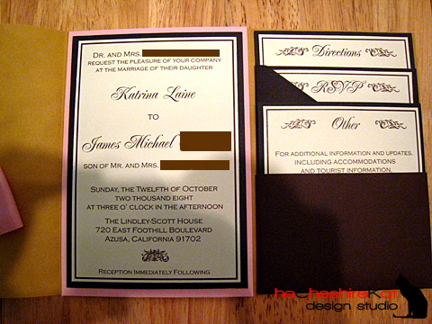 Closer view of the panel and inserts.  Two of the inserts were matted on chocolate brown cardstock; the RSVP card used the chocolate brown envelope as a backing piece.